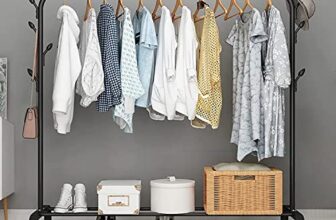 Owme Portable Collapsible Wardrobe Clothes Organizer – 1 Shelf Foldable Metal Clothing Stand with Large Hanging Space and Bottom Shelf for Shoes, Boxes & Accessories – Black