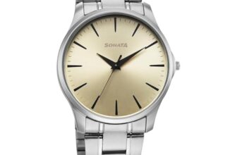 Sonata Ease with Beige Dial Silver Metal Strap Watch for Men – 77163SM07W