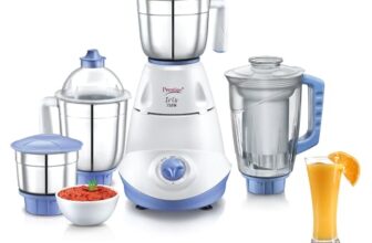 Prestige Iris 750 Watt Mixer Grinder with 3 Stainless Steel Jar + 1 Juicer Jar (White and Blue)