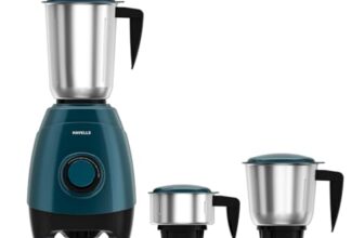 Havells ESO 750 Watt Mixer Grinder | 3 Stainless Steel Jars with Handles | 304 Rust-Resistant SS Blades | 21000 RPM High-Speed Motor | 5-Year Motor Warranty | Heavy-Duty Mixie (Teal)