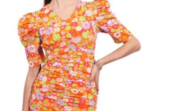 Tokyo Talkies Floral Printed Ruched Sleeves Gathe Sheath Dress Orange