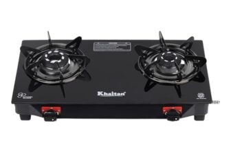 Khaitan 2 Burner Selios Black Manual Gas Stove Toughened Glass, Alloy Premium Burners, ISI Marked with 1 Year Warranty.