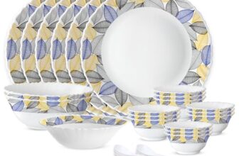 Larah by Borosil Silk Series Kora Opalware Dinner Set | 27 Pieces for Family of 6 | Microwave & Dishwasher Safe | Bone-Ash Free | Crockery Set for Dining & Gifting | Plates & Bowls | Leaf Pattern