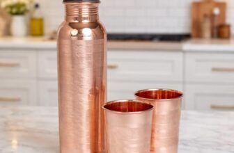 Copper Water Bottle with 2 Glass | 1 Liter Leak Proof Reusable Copper Drinking Bottle | Ayurvedic Copper Bottle for Daily Hydration, Home, Office & Travel