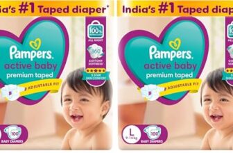 Pampers Active baby Tape Style Baby Diapers, Large (L), 100 Count, 9-14 kg, Adjustable Fit with 5 Star Skin Protection (Pack of 2)