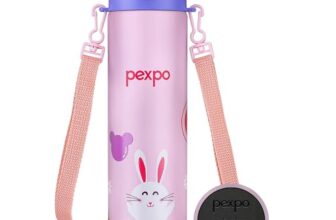 Pexpo Pixy 500 ISI Certified Stainless Steel Water Bottle for School Kids – 470ml | Double Wall | Hot & Cold Vacuum Insulated Flask | 4+ Years Kids | School, Picnic, Sports – Baby Pink Rabbit Print