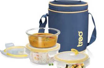 Treo By Milton All Fresh Borosilicate Glass Round Tiffin set of 3, 400 ml each, Durable Carry Jacket,Microwave-Oven Safe,Leak Proof,Air Vent Lid,Scratch Resistant,Ideal for Office, School,Travel, Blue
