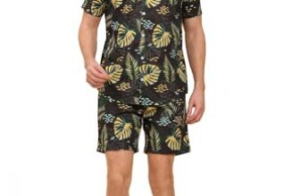 ENCIGER Mens Printed Casual Shirts and Shorts Set Button Down Co-ord Set (MSS1_Black Yellow_XL)