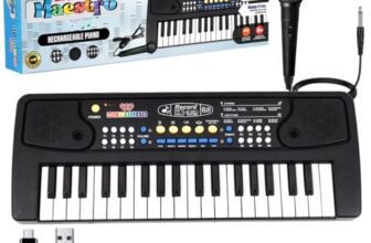 Wembley Kids Piano with Mic – Rechargeable & Portable Electronic Keyboard Musical Toy for Beginners Boys & Girls Ages 3-9 Years with Recording, 37 Keys, 8 Rhythms, 8 Tones, 6 Demos Function – Black