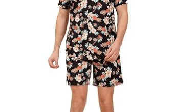 ENCIGER Mens Printed Casual Shirts and Shorts Set Button Down Co-ord Set (MSS1_Black Brown_S)