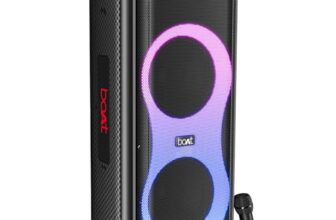 Boat PartyPal 600 Party Speaker, 220W Signature Sound, Dynamic Pixels, Animated Text Display, App Support, UHF Wireless Microphone, Colorful LEDs,7hrs Battery & Guitar Input (Premium Black)