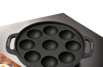 E-COSMOS® Pre Seasoned Cast Iron 9 Cavity Appam Patra, Paniyaram Pan Iron, Appam Pan, Pan Cake, Paddu, Appam Maker, Ponganal Maker, Appe and Litti Maker with 2 Side Handle, 23cm, Black (9 Cavity)