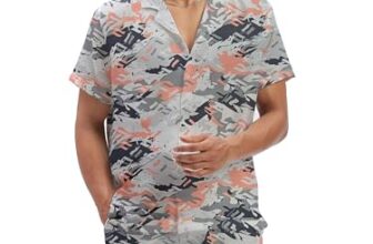 Amazon Brand – Anarva Mens Camouflage Co-ord Set | Cotton Blend Printed Shirt and Shorts Combo for Summer | Stylish 2-Piece Casual Outfit for Men Pink Grey, L
