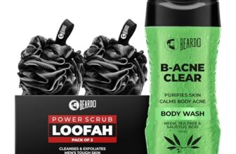 Beardo B-acne Clear Body Wash 200ml & Power Scrub Loofah Pack of 2 (Set of 2) | Acne-Fighting Body Wash With Neem, Tea Tree and Salicylic Acid | Deep Cleansing & Exfoliating Scrub with Loofah for Men – Prevent Body Acne & Pimples | Ideal for Oily & Acne-Prone Skin | Perfect Skincare Combo for Smooth & Clear Skin