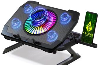 Archer Tech Lab RGB Gaming Laptop Cooling Pad Stand with Aluminum Metal Grid, 5 Turbo Fans Dual USB Ports 7 Adjustable Angles Elevation Bracket & Phone Holder, Supports Up to 17″ Laptop (Squall 300)