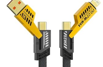 ATEVON 4-in-1 Fast Charging Cable – Multi USB Cable with USB-A, Type-C, Lightning, Micro USB Connectors – 65W Durable Nylon Braided Cable for Android, iPhone, Tablets, Power Banks