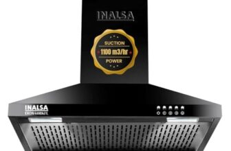 INALSA Pyramid Shape Wall Mount Kitchen Chimney 60 cm|1100 m³/hr Powerful Suction|58 dB Low Noise|Filterless Chimney|Push Button Control|Black Powder Coated Finish|5 Years Motor Warranty|Ekon 60BKFL