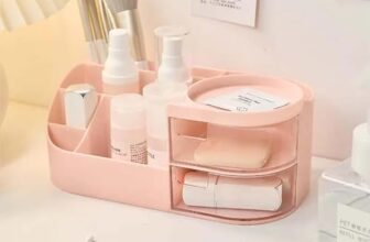 KLYRA Makeup Organizer Stand Desk Storage Dressing Table Organiser Cosmetic Organizer Box Skin Care Table Bathroom Organiser Makeup Storage Box Makeup Vanity with Transparent Drawer(Pink)
