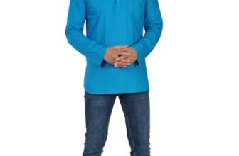 Amazon Brand – Anarva Men’s Pure Cotton Solid Kurta Long Sleeves Band Collar Casual Shirt (K017turquoise_Turquoise_Medium)