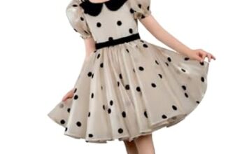 FOSTRIC Captivating Polka Dot Printed Baby Frock, Elegant Organza Cotton Puff Sleeve Kids Dress with Peter Pan Collar Celebrations & Style.