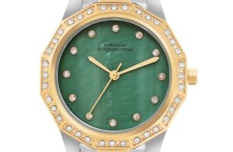 French Connection Mop Green Round Dial with Gold Two Tone Stainless Steel Metal Strap Watch – for Womens FCU9NTM