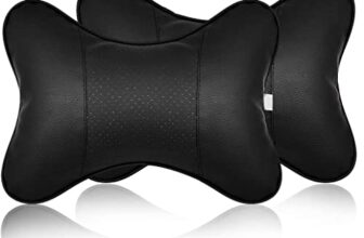 Yobbo Universal Car Neck Rest Pillow Cushion Set Headrest Pain Relief Support with Adjustable Strap Faux Leather, Cotton for All Cars, Home and Office Chair Seat (Pack of 2) (Black)