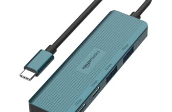Amazon Basics Pro Series 4-in-1 USB-C Hub, and USB-A 3.2 Gen 2 HighSpeed Data Transfer(Up to10Gbps) – Compact and Versatile Hub for PC,MacBook,Laptops, hones, Monitors, and Projectors (Turquoise)|portable