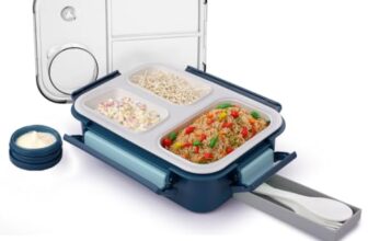 ATTRO Smart 3 Compartment Lunch Box with Small Container Spoon & Fork Included Four Side Snap Lock Breathable Button Design Leak-Proof BPA Free Food Grade- 690ml Dark Blue, Plastic