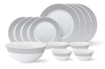 Larah by Borosil – Tiara Series, Black Grey Cone, 13 Pcs, Opalware Dinner Set, White