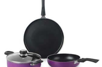 Cello Prima Multipurpose Non-Stick Cookware Set – 6 Pieces | Aluminium | Induction Base | Purple Finish | PFOA-Free | Includes Tawa, Kadai, Fry Pan & Accessories