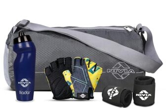 Nivia Basic Gym Combo for Men & Women, Polyester Gym Bag (11 litres), Gym Gloves (Size-L), 625 ml Water Sipper and Wrist Band (Free Size), Pack of 4