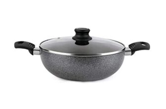 Cello Non Stick Hammered Tone Kadhai with Glass Lid 2.5 LTR, Black & Grey, Aluminium