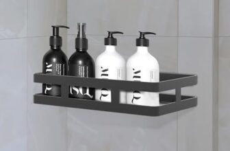 IBELL Self-Adhesive Multipurpose Wall Mounted Bathroom Shelf | Space-Saving Storage Organizer Rack for Bathroom & Kitchen Accessories | Stylish Black Wall Stand for Home & Office Use
