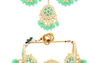 ZAVERI PEARLS Green Meenakari Choker Necklace Earring Maangtikka & Ring Set For Women-ZPFK11606