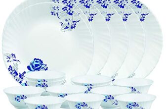 Larah by Borosil Glass Blue CascadeThali Set (White) – 18 Pieces