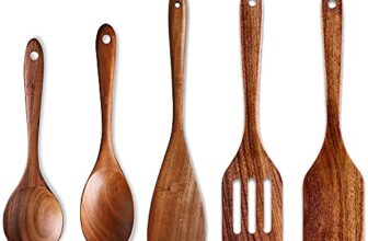 Renawe 5 Pcs Best Wooden Kitchen Utensils Set – Acacia Wood Utensil Cooking Spatula Turner Slotted Spoon Flat Wooden Spatula Set Mixing Spoons