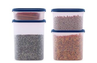 Attro SKY Oval Airtight Kitchen Storage Container Set/Modular Kitchen/for Rice, Flour, Sugar, Cereals, Snacks/Stackable, 4 Pieces,600 ml x 1,1200 ml x 1,1800 ml x 1,2400 x ml,Blue (SKY_OVALCON_4_Blue)