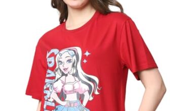 Fabflee Oversized Cotton Baggy Drop Shoulder Graphic Tee with Half Sleeves | Korean Casual Loose T-Shirt for Women, Red, XL