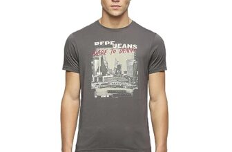 Pepe Jeans Men’s Cotton Slim Fit Graphic Printed T-Shirts, Grey, Medium