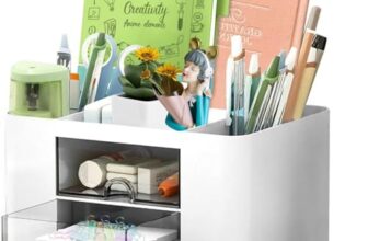 Shuttle Art Desk Organizer with 2 Drawers | Multi-Functional Stationery Holder for Office, Study Table, Home | 5 Compartment Pen, Pencil, Marker Storage Box for School & Art Supplies (White)