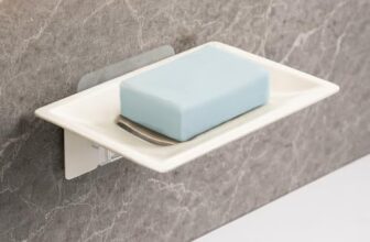 Amazon Basics Self Adhesive Soap Holder for Bathroom Wall – Strong Grip Soap Stand for Bathroom, No Drill Wall Mounted Soap Dish with Drain Tray, Bathroom Soap Holder & Soap Case