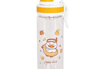 Attro Champ 550ml Cute and Convenient Cartoon Printed Kids Plastic Water Bottle with Designer Hand Strap & Flip Lid BPA-Free-Perfect for School,Sports and Travel -Beige