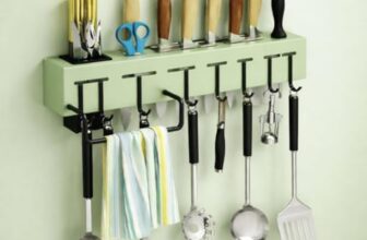 Bakaziky Wall Mounted Kitchen Organizer Rack with Knife Holder Slots, Utensil Hanging Hooks, Towel Bar and Storage Cup, Drill or Adhesive Installation Kitchen Storage Shelf Unit (GREEN__01)