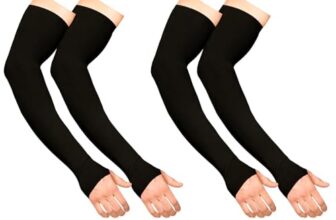 BENAVJI Arm Sleeves for Men & Women UV Protection Hand Sleeve with Thumb for Boys & Girls Sun Protection Cover for Running, Bike Riding, Cricket – Nylon – Black- 2 Pair
