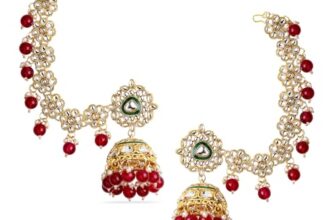 Rubans Womens 22K Gold-Plated Kundan Studded Kan Chain Earrings with Red Beads & Green Enamel Detailing