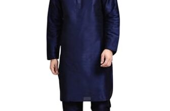 SKAVIJ Men’s Art Silk Solid Kurta Pyjama Set Festive Woven Design 2-Piece Ethnic Dress (KP055blue_Blue_S)