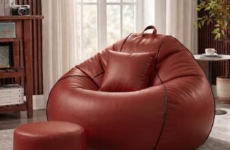 Sattva Classic XXXL Piping Combo Bean Bag with Footstool & Cushion | Faux Leather Teardrop Bean Bag for Adults & Teens | Pre-Filled with Beans | Home, Bedroom, Living Room – Tan with Black Piping