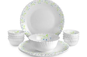 CELLO Tropical Lagoon Dazzle Series Opalware Dinner Set of 13 Pieces For Family of 4 | Bone-Ash Free & Leadfree Opal Glass, Microwave & Dishwasher Safe Plates & Bowls Crockery Set For Dining & Gifting