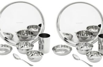 Amazon Brand – Solimo Dinner Set| Stainless Steel | Set of 6 | Solid Mirror Finish | Silver (Pack of 2)