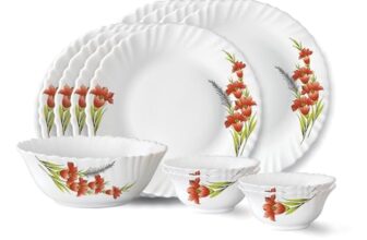 Larah by Borosil Red Iris Fluted Series Opalware Dinner Set | 13 Pieces for Family of 4 | Microwave & Dishwasher Safe | Bone-Ash Free | Crockery Set for Dining & Gifting | Plates & Bowls | White